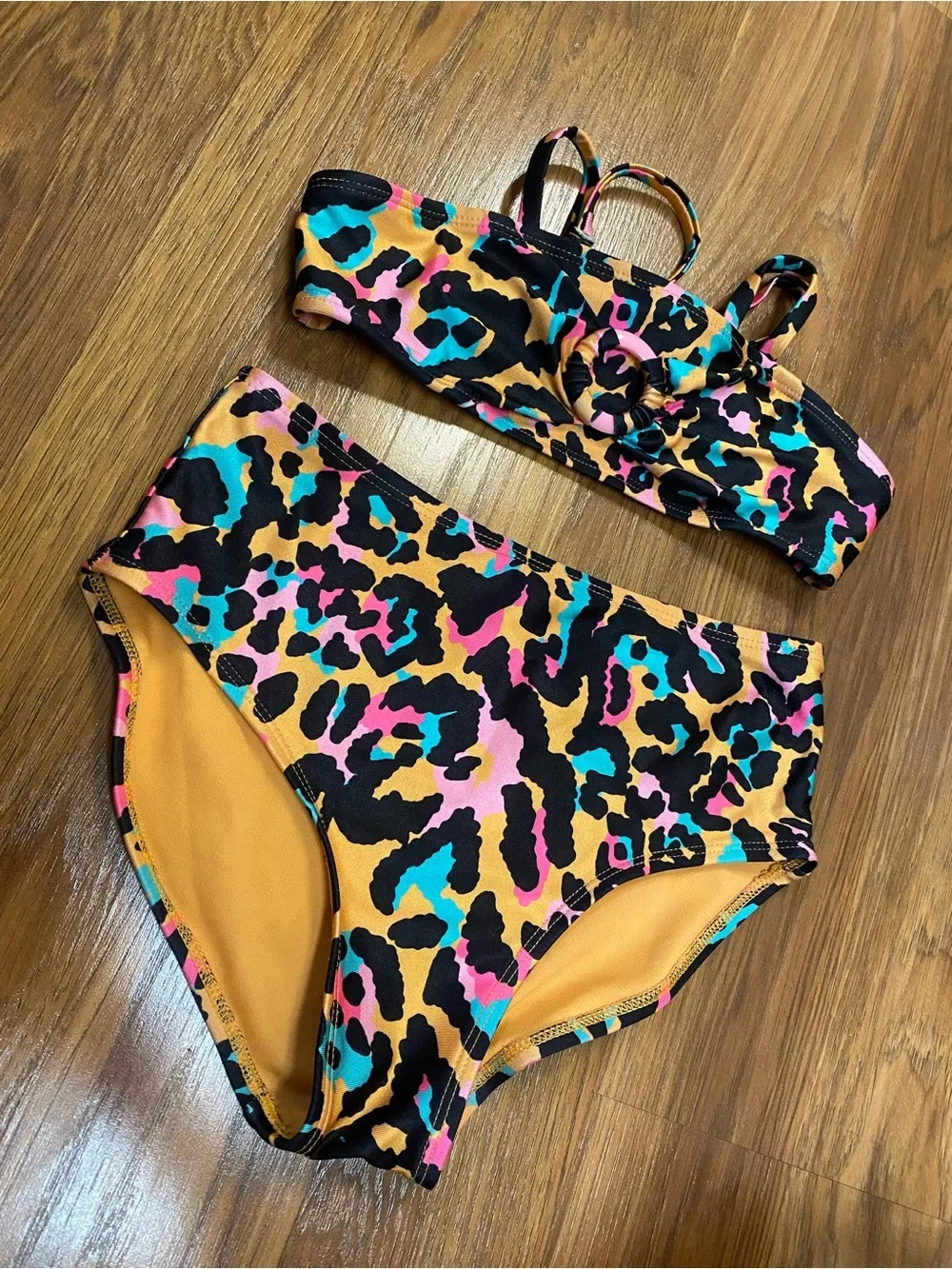 Colorful Leopard Print Two-Piece Bikini Set - Mustard, Pink & Teal